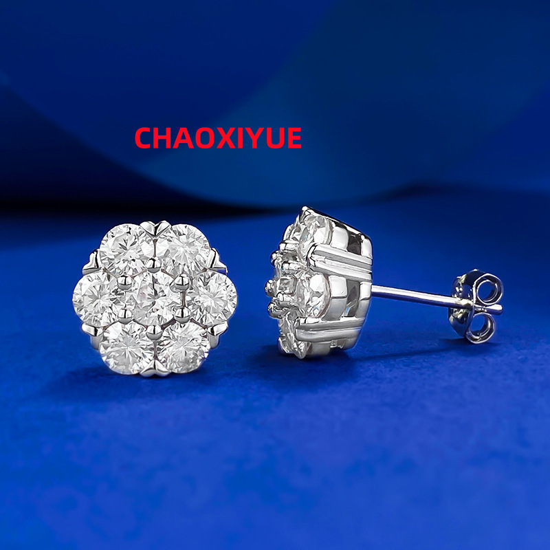 New S925 Silver Inlaid Moissanite Full Set Flower Earrings Hot Selling European and American Hip-hop Item