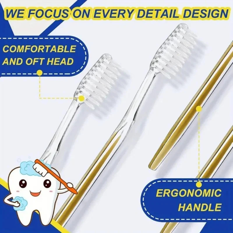 50 Individually Packaged Disposable Travel Toothbrushes Soft Hair Toiletries for Adults and Teenagers Camping el Guests Gold/Silver Blue 250528