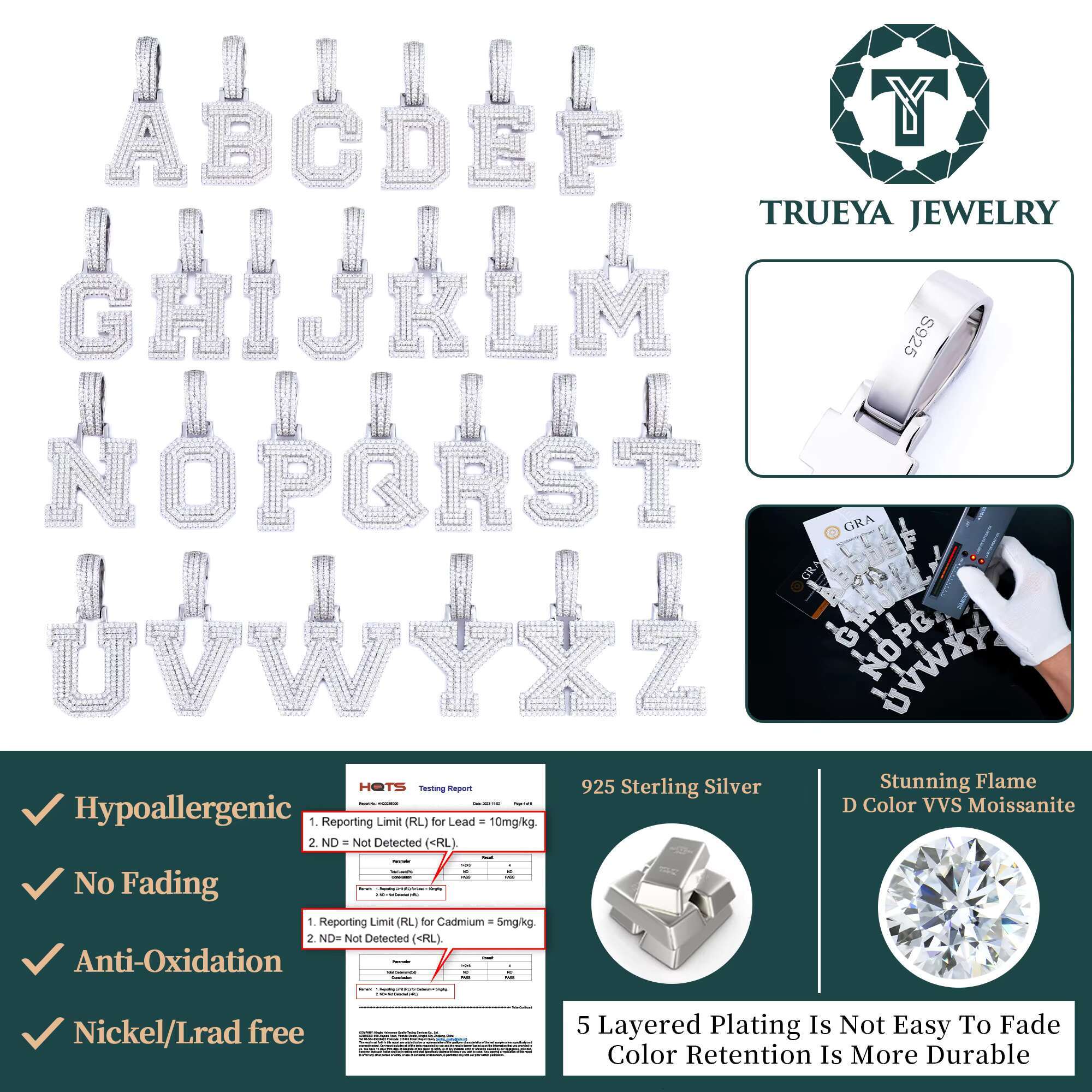 Custom Sterling Silver 925 Fine Hiphop Jewelry Men Women Diamond Name A-z Initial Letter Charm Moissanite Pendant for Necklace