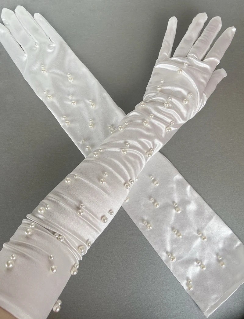 Womens Elegant Pearl Beaded Long White Satin Glove Female Spring Summer Vintage Sunscreen Driving Pograph Party Glove R2315 250529