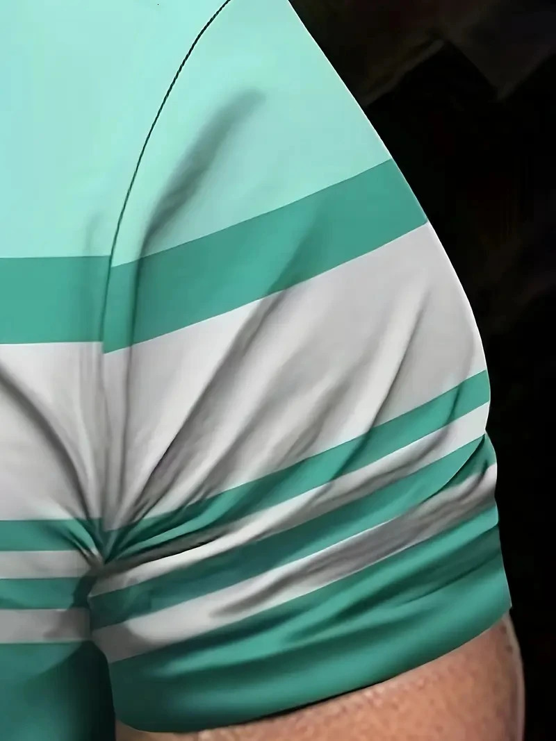 Mens Casual Stripesd Golf Polo Shirt 100% Polyester Short-Sleeved Lapel Button Details Slightly Stretch Knitted Fabric Top Regu 250530