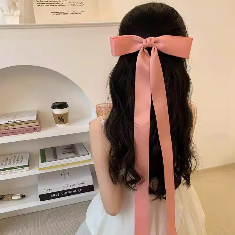 French Girl Style Extra Long Bow knot Ribbon Hair Clip Chic Top Clip for Back of Head Versatile Daily Hair Accessory