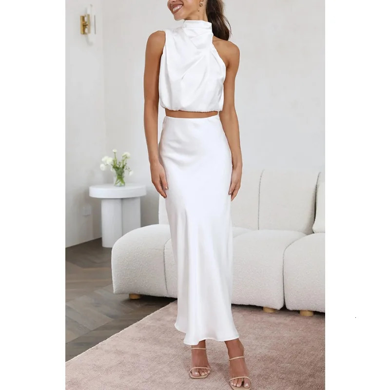 2025 Summer Women Satin Two Piece Set Elegant Sleeveless Turtleneck Shirt Crop Top High Waist Loose Long Skirt Set Sexy Outfits 250530