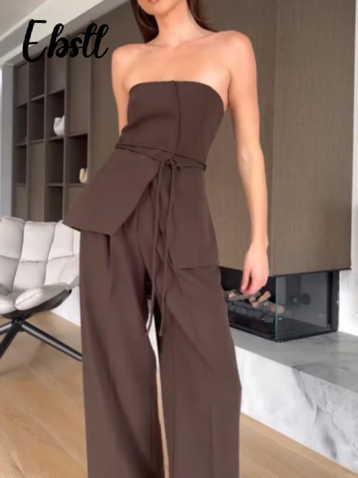 Slim Lace-up Split Tube Top Pants Set Womens Sexy Strapless Backless Vest Loose Wide Leg Trousers 2025 Summer Lady Outfits 250530