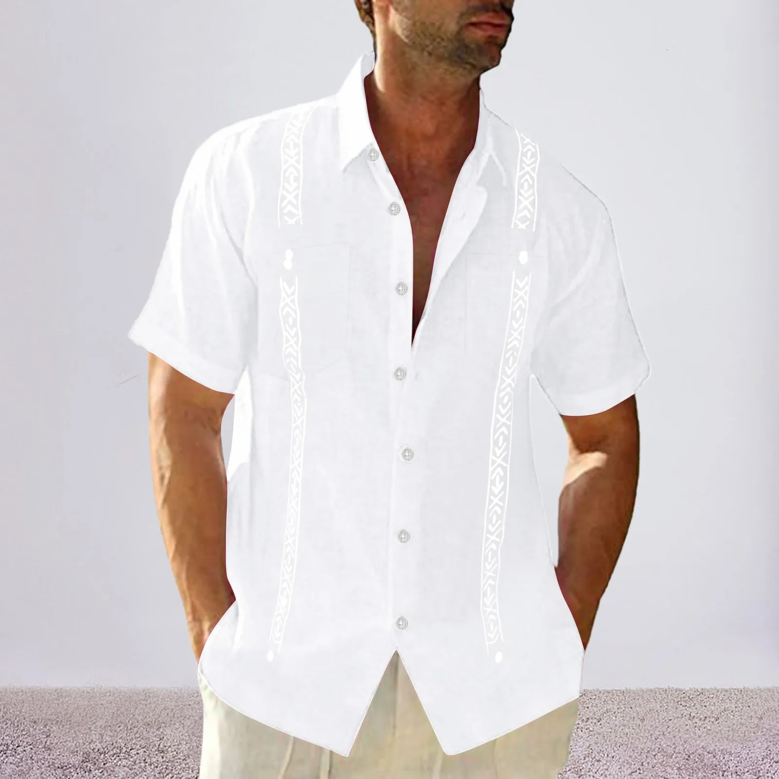 Short Sleeve Mens Guayabera Cuban Shirt Top Button Up Beach Linen Shirt Top Pocket Casual Caribbean Shirt Summer Mexican Blouse 250530