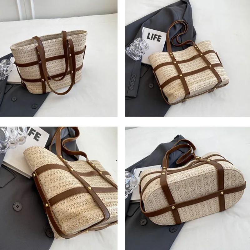 Women Fashionable High-capacity Work Commuting Straw Woven Bag Simple and Casual One Shoulder Tote Bags Hand Woven Handbags 250530