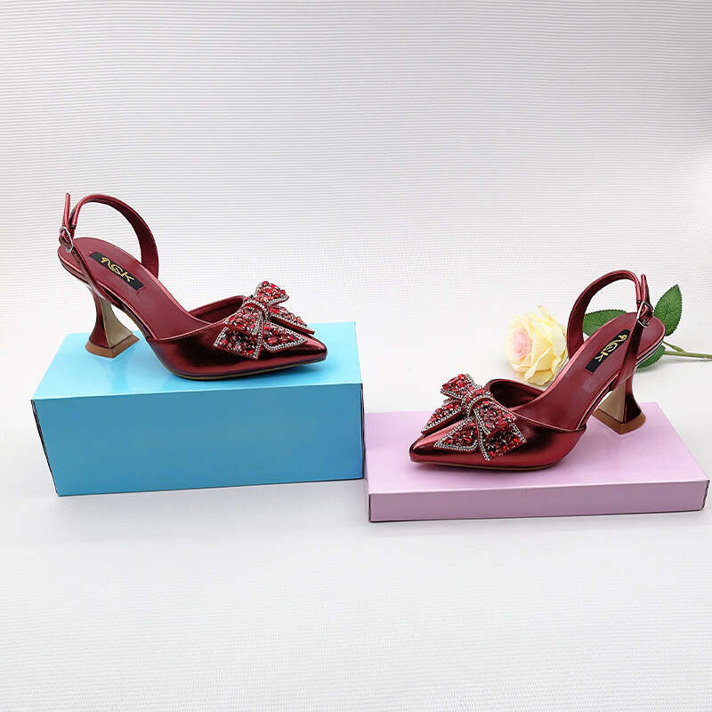 Spring French Style One-Strap High Heels for Women, Thin Heel, Hollow Pointed Toe, Comfortable Rhinestone Bow Wedding Shoes