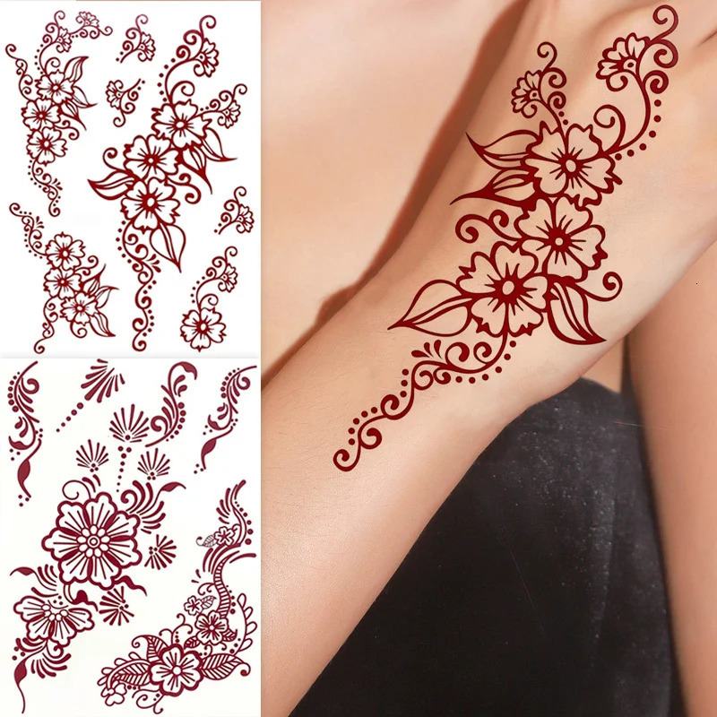 Maroon Henna Tattoo Stickers for Hand and Body Flower Temporary Tattoos for Women FakeTattoo for Wedding Festival 250530