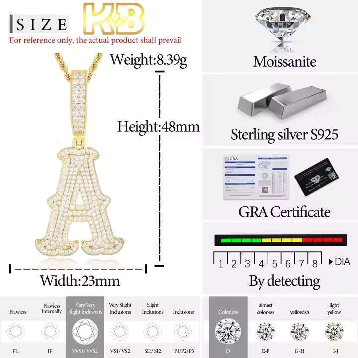 Custom Hip Hop ABD Letter Pendants 925 Sterling Silver Moissanite Initial Pendant for Women/Men