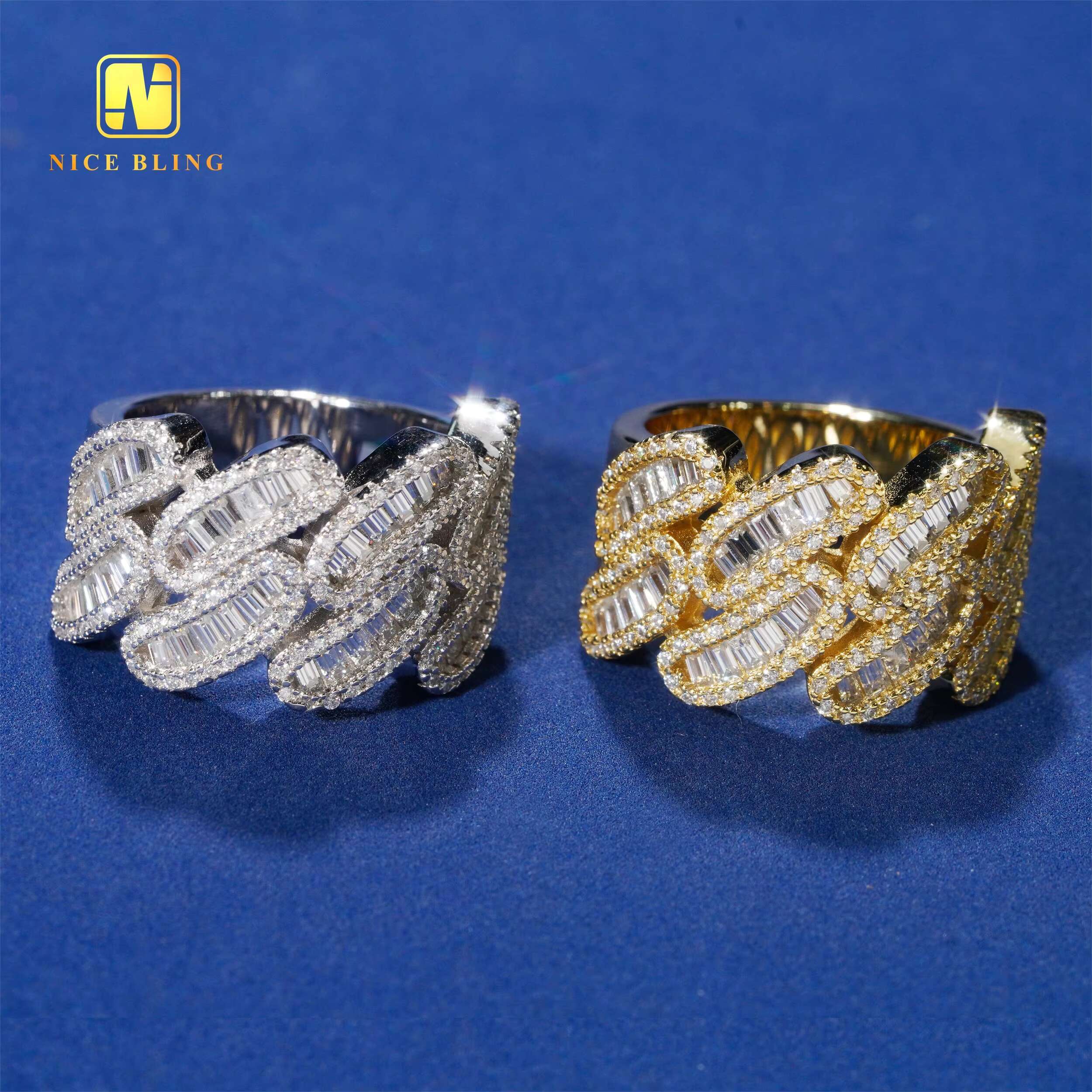 Fashion Iced Out Cuban Rings 925 Silver Hip Hop Jewelry Men baguette Moissanite Diamond Engagement Rings