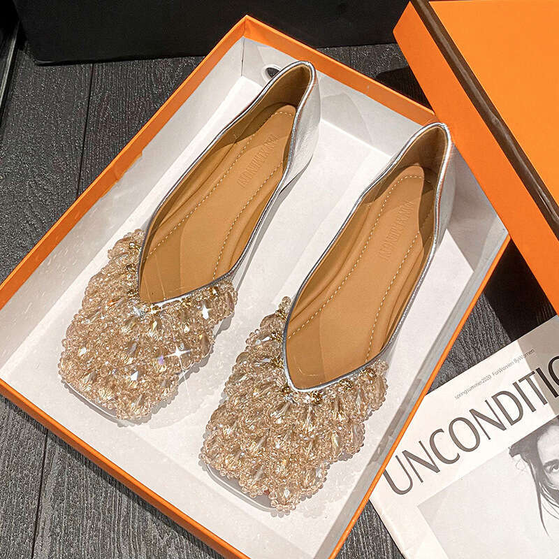 Soft Sole Loafers 2023 New Spring Crystal Wedding Flat Rhinestone Moccasins Large Size Women's Shoes 41 to 43
