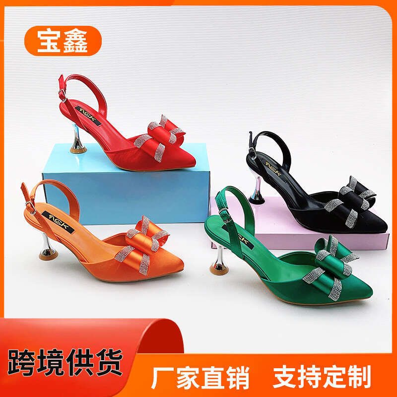 New Rhinestone Bowknot Women's Slippers Pointed Toe Stiletto High-end Fashion Outdoor Comfortable Shoes