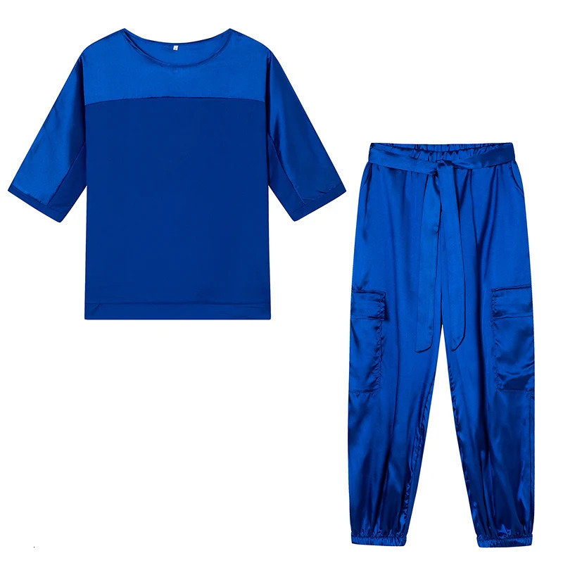 European and American Cross-border Fashion Womens Smooth Satin Half Sleeved Upper Garment Set Two-piece Casual Set 250530