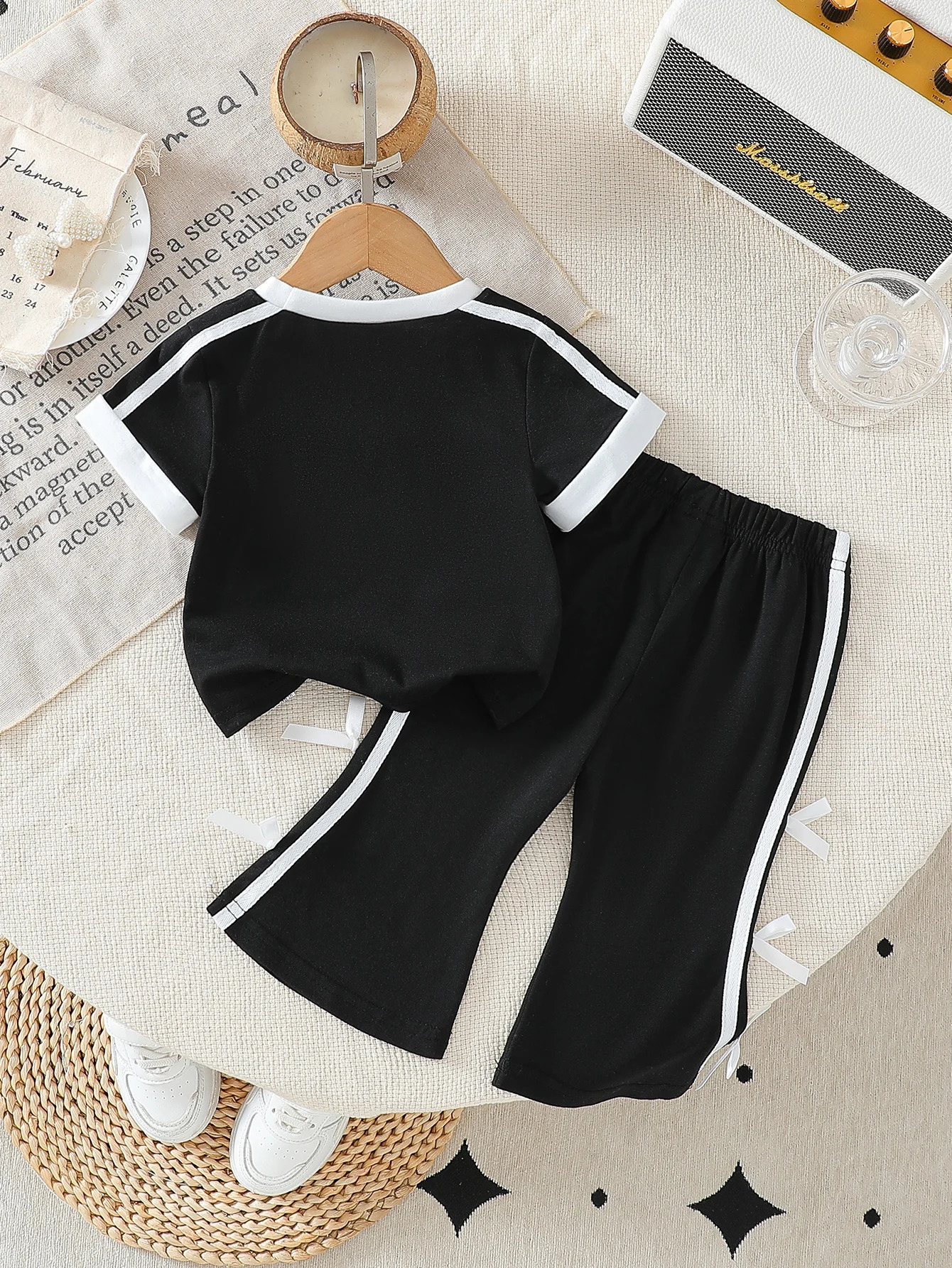 Summer Solid Color Bowknot Short-Sleeved T-Shirt and Solid Color Flared Long Pants Two-Piece Set 250527