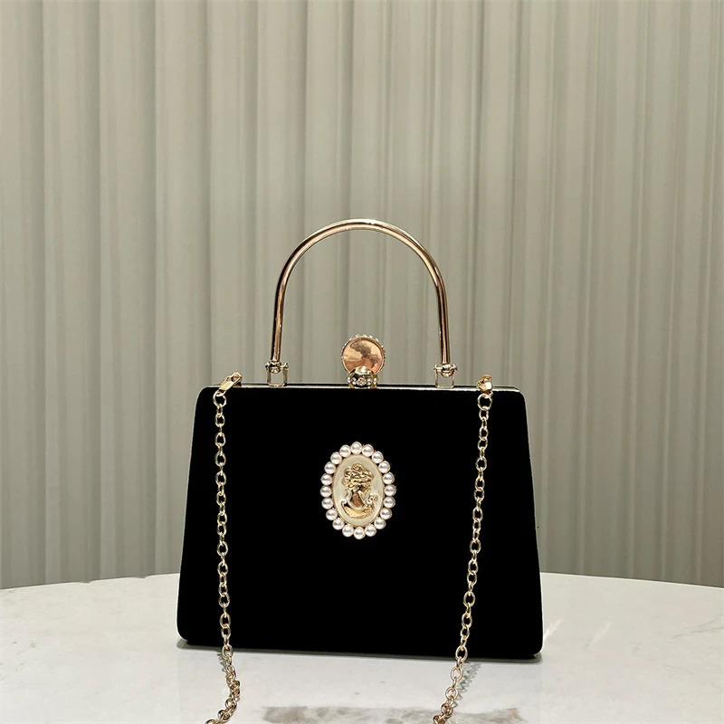 Retro Velvet Handbag French Style Ladies Evening Bag Vintage Pearl Decoration Black Square Bag Gold Metal Frame Bolso Mujer 250528