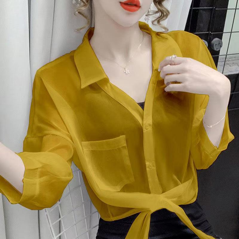 K895 Large size women's chiffon shirt with cardigan 2024 summer new bow sun protection clothing air conditioning shirt with skirt small shawl