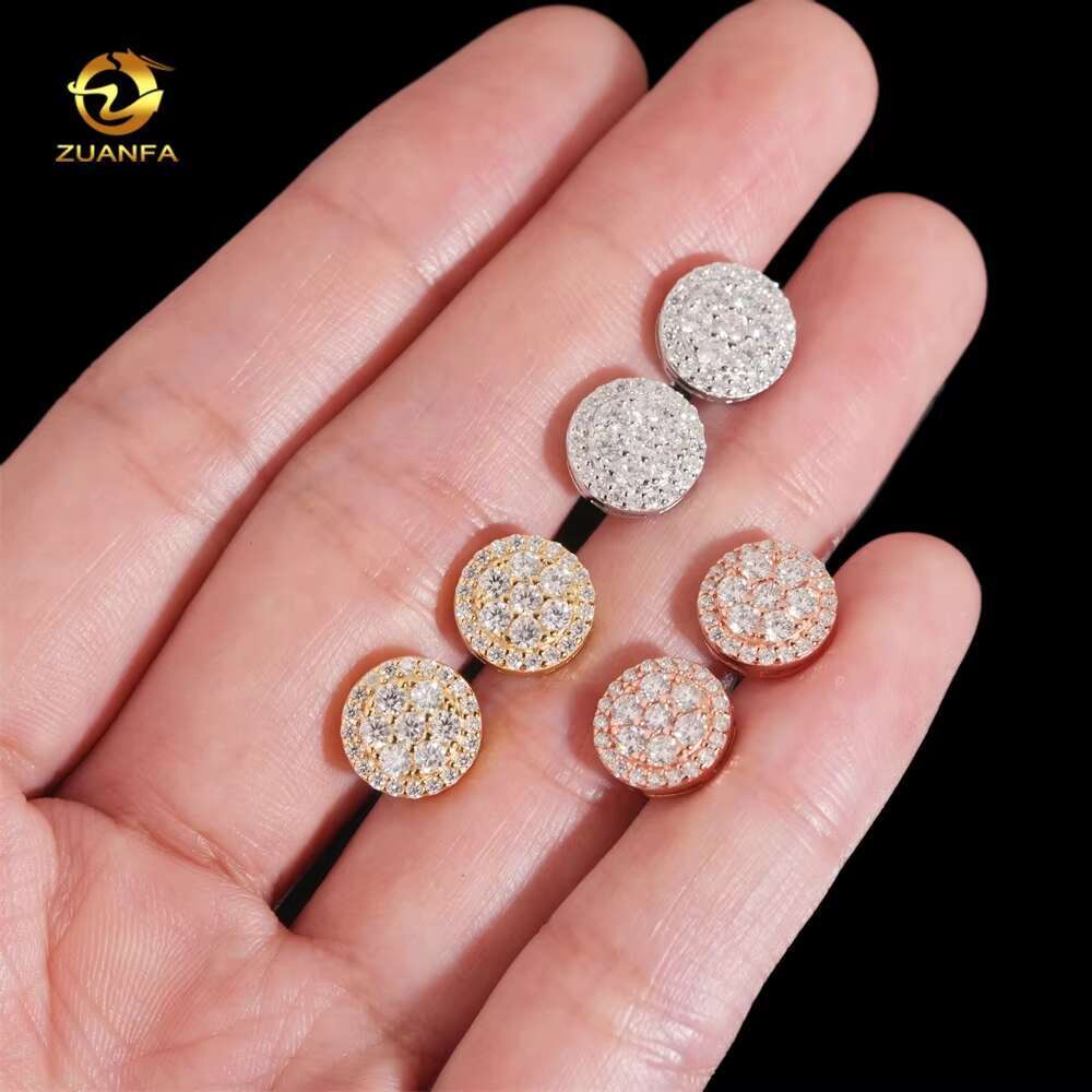 Fine Jewelry Fashion Hip Hop Round Iced Out Stud Moissanite Diamond Mens 925 Silver Earrings
