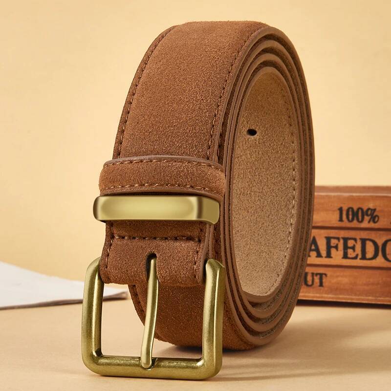 Suede Cowhide Leather Belt Women, Vintage Style with Gold Buckle, 3.5cm Wide Waistband for Dresses & Jeans