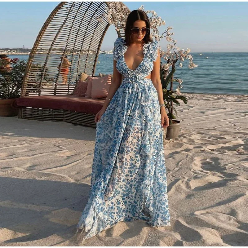 Basic Casual Dresses Summer Elegant Print Ruffles Hollow Out Long Dresses Women's Sexy Backless Sleeveless Lace-up High Waist Split Dress 2025 Ne
