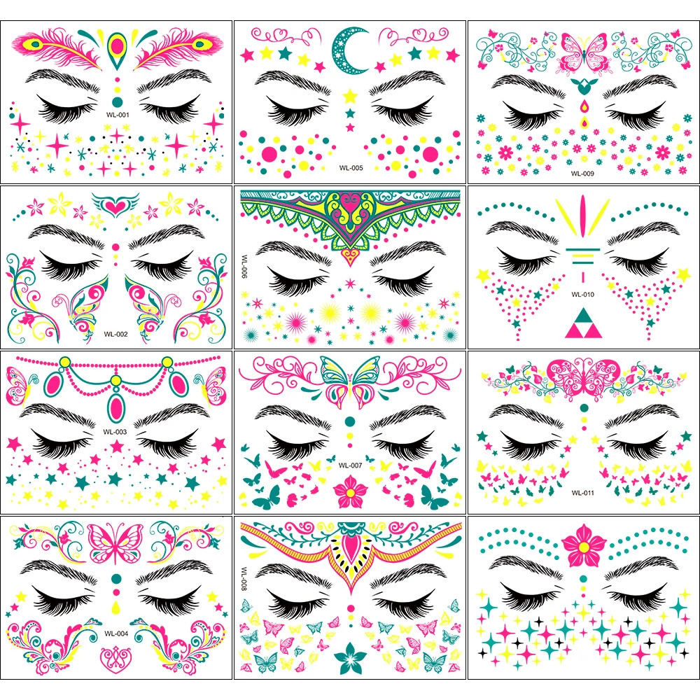 481224Pcs Fluorescent Face Stickers Flower Waterproof Glowing Temporary Tattoo Sticker For PartyMusic Festival Face Decals * 250530