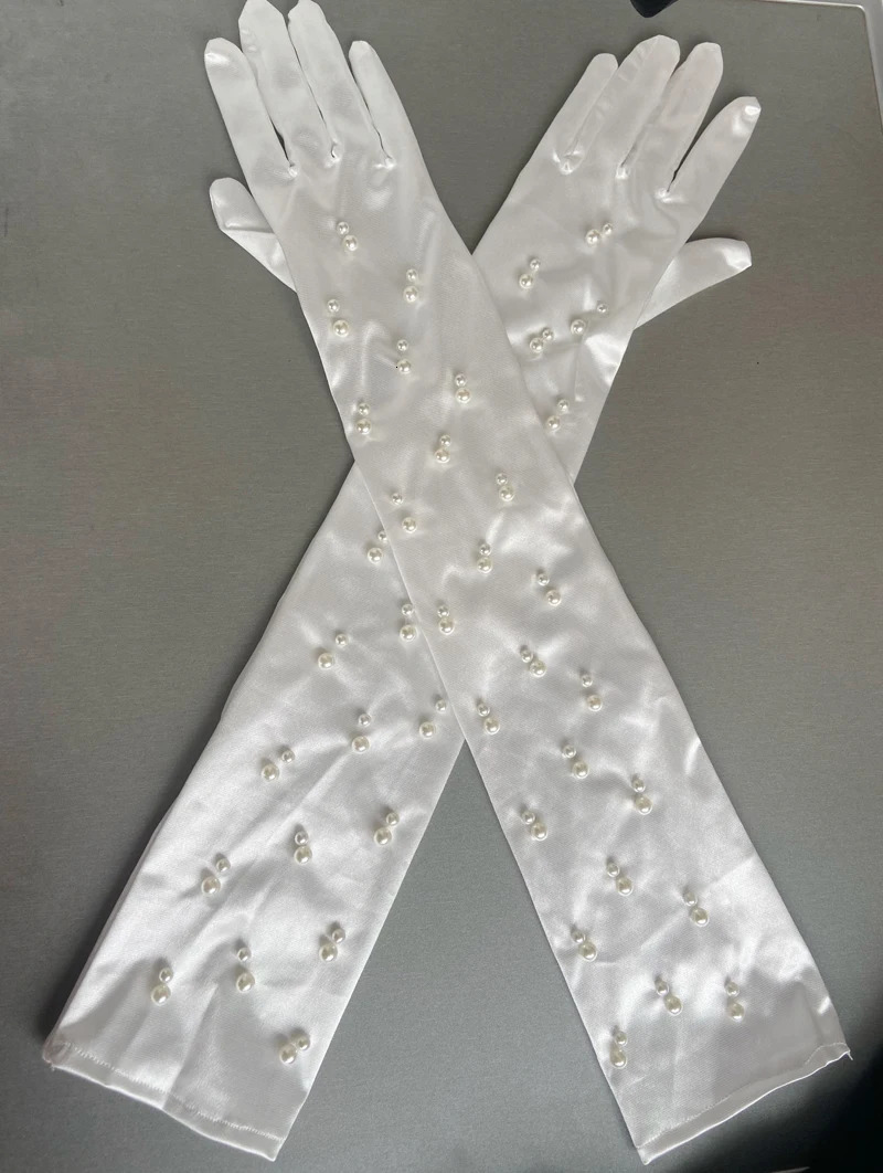 Womens Elegant Pearl Beaded Long White Satin Glove Female Spring Summer Vintage Sunscreen Driving Pograph Party Glove R2315 250529