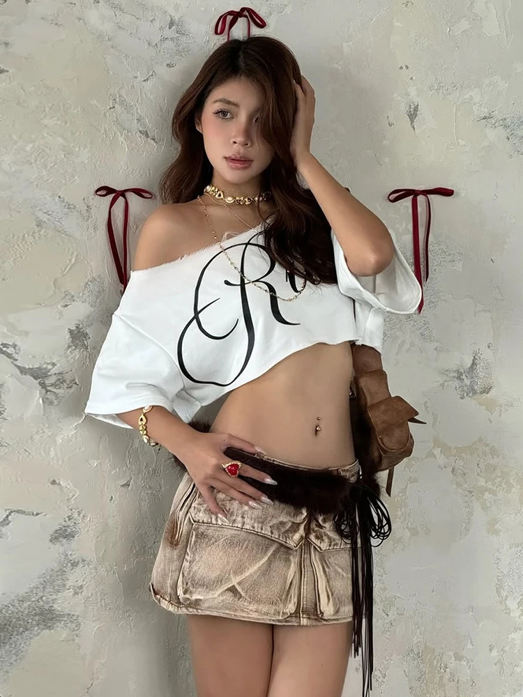 Nibber Loose Letter Print Mini t-Shirt Women Summer Trend Biased Collar Versatile Street Skinny Simple Classic Party Daily Tops 250530