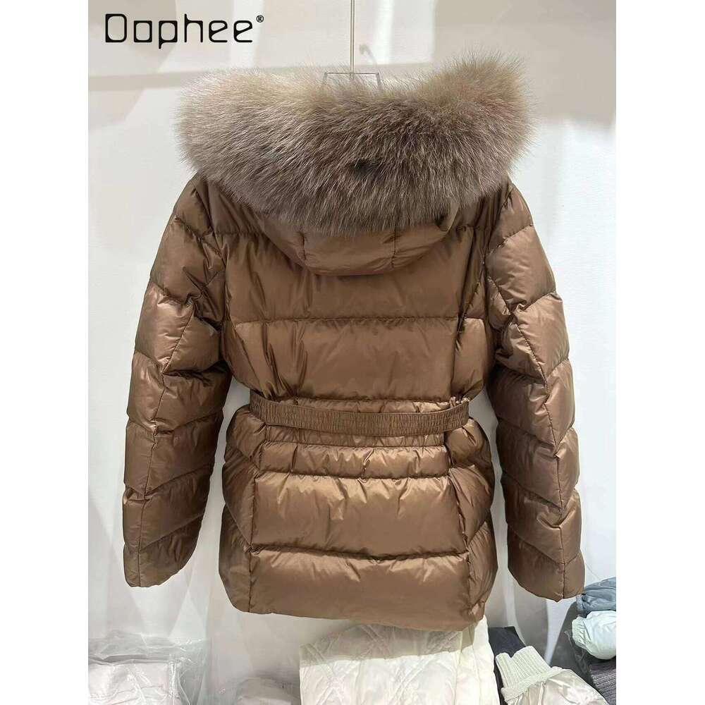 Big Fur Collar Hooded Down Jacket Women's Short Winter New European Fashion Temperament Solid Color Belt Slim Fit Thickened Coat High quality, fa