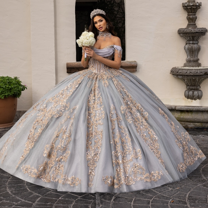 Gray Quinceanera Dresses Ball Gown Off The Shoulder Applique Lace Beading Crystal Tull Party Birthday Sweet 16 Dress Vestidos 15 Anos