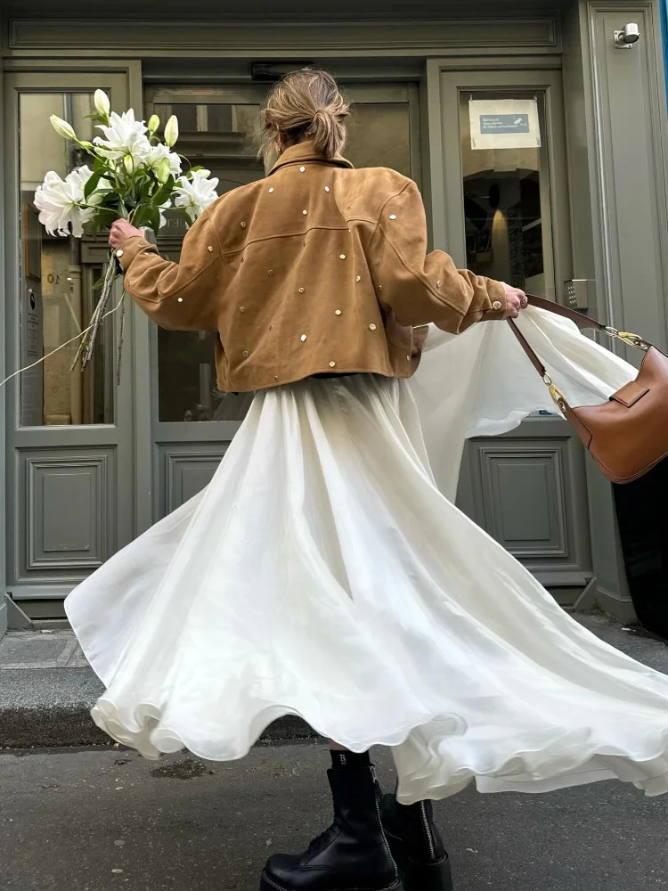 Rivet Suede Short Jackets Pockets Women Fashion Pocket Lapel Zipper Coats Tops Female Autumn winter Clothes Motorcycle Outerwear 250527