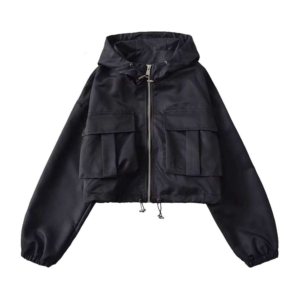 Techwear White Hooded Cargo Cropped Windbreaker Jackets Buttons Up Coat Women Outdoor Pink Black Top Korean