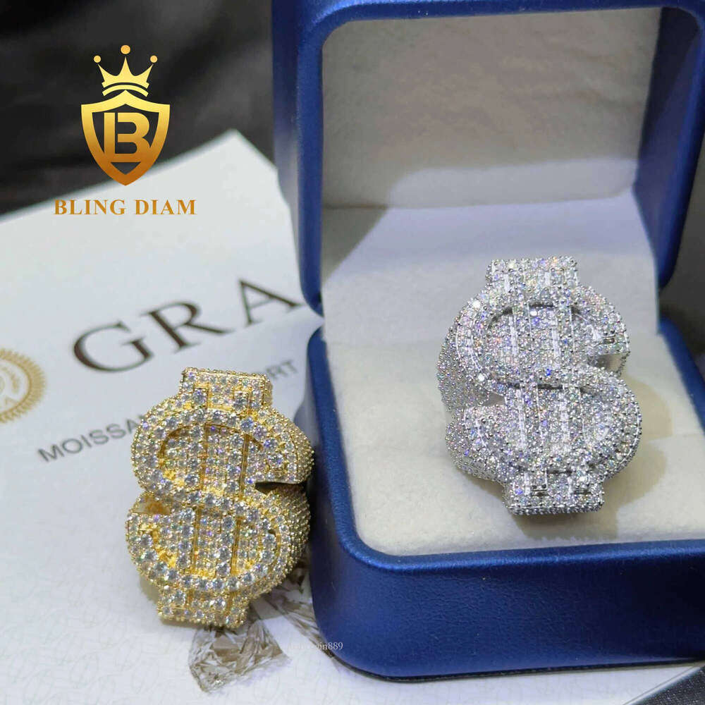 Fashion Mens Full Pave Hip Hop Iced Out USD Sterling Sier Rings Vvs Moissanite Dia Cuban Ring