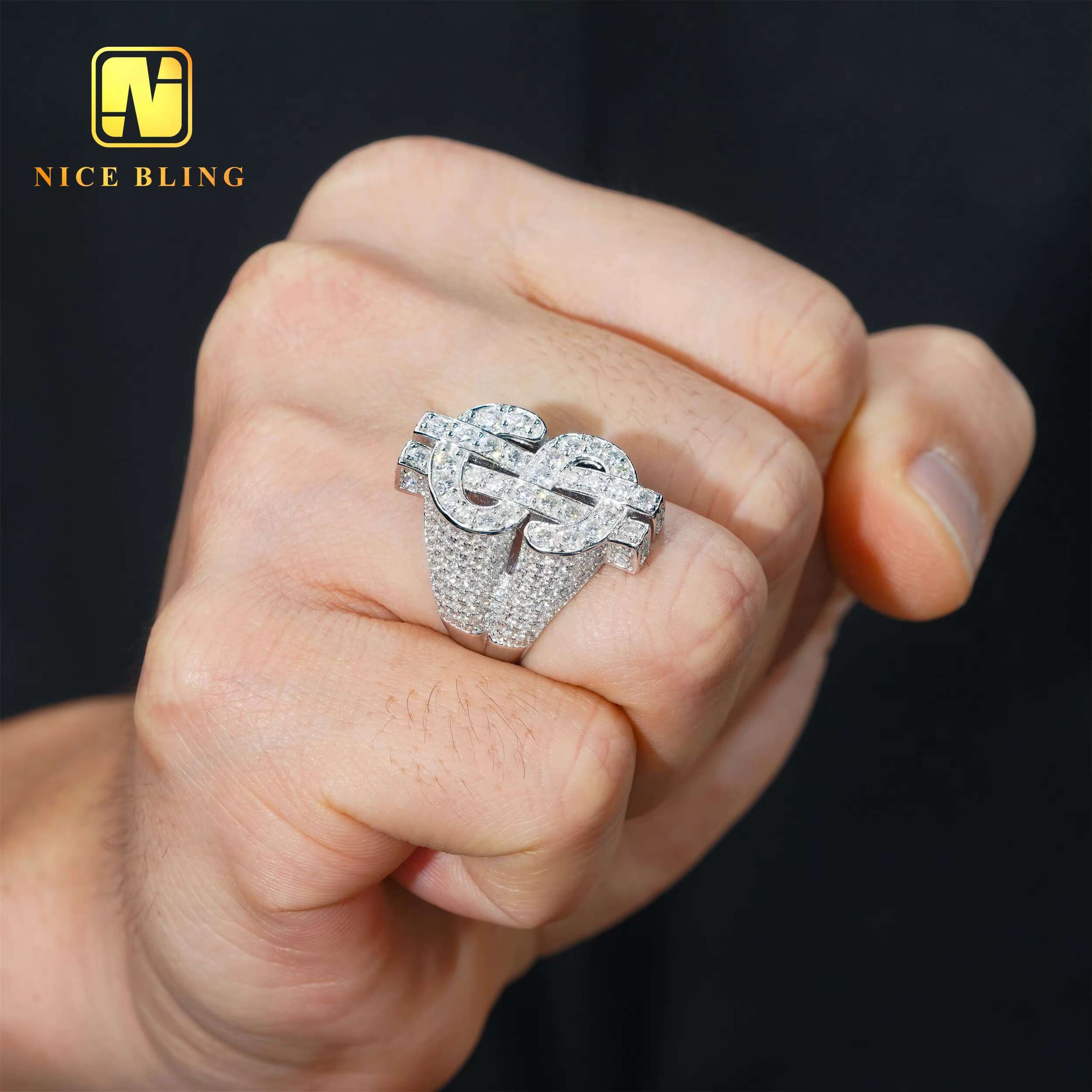 Rhodium Plated 925 Sterling Silver Jewelry Iced Out Dollar Rings Hip Round Brilliant Moissanite Rings for Men and Women