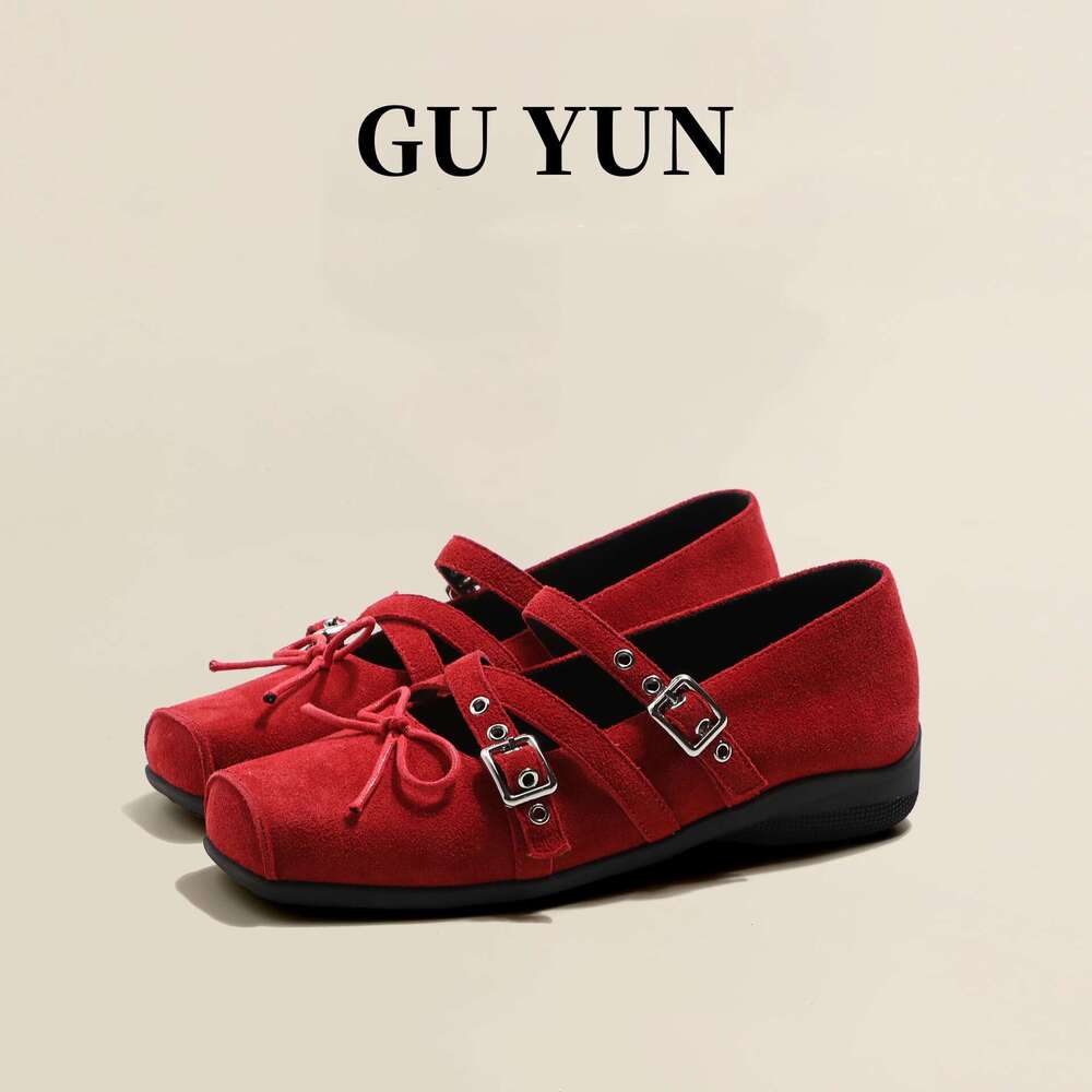 Cowhide Version ~ Red Bowknot Small Single Shoes for Women Spring Summer Genuine Leather Shallow Mouth Studded Ballet Flats