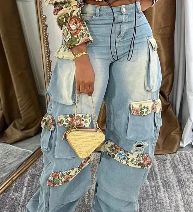 Denim Outfit Women Floral Patchwork Jean Zipper Drawstring Cropped Jacket Pockets Cargo Jeans 2 Piece Set Streetwear Tracksuits