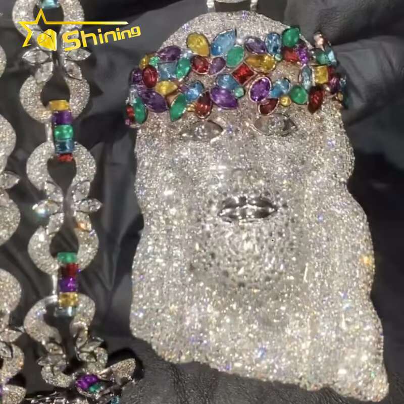 Hip Hop Luxury Iced Out Colored Moissanite Jesus Pendant Custom Moissanite Pendant Men Fine Jewelry Pendant Necklace