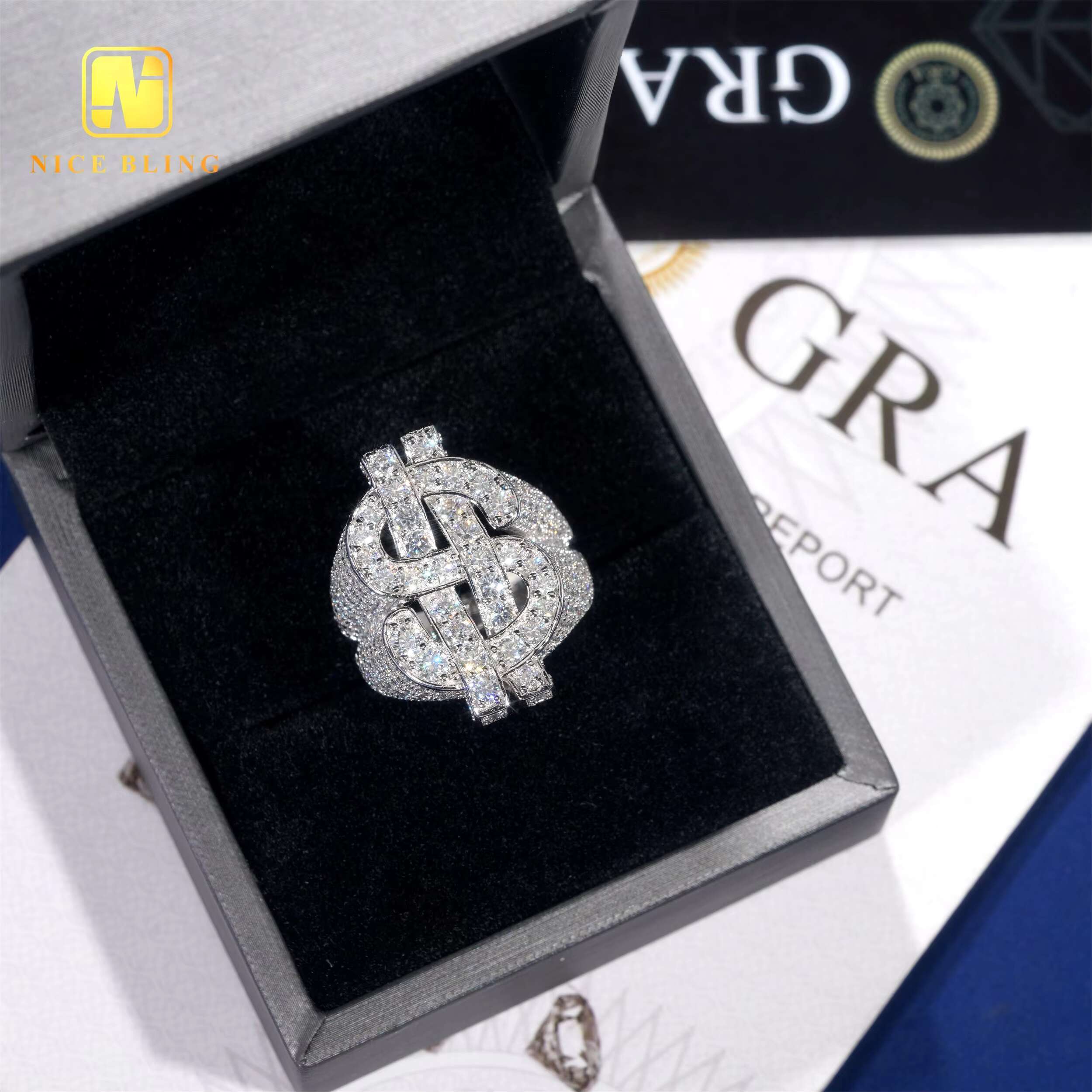 Rhodium Plated 925 Sterling Silver Jewelry Iced Out Dollar Rings Hip Round Brilliant Moissanite Rings for Men and Women