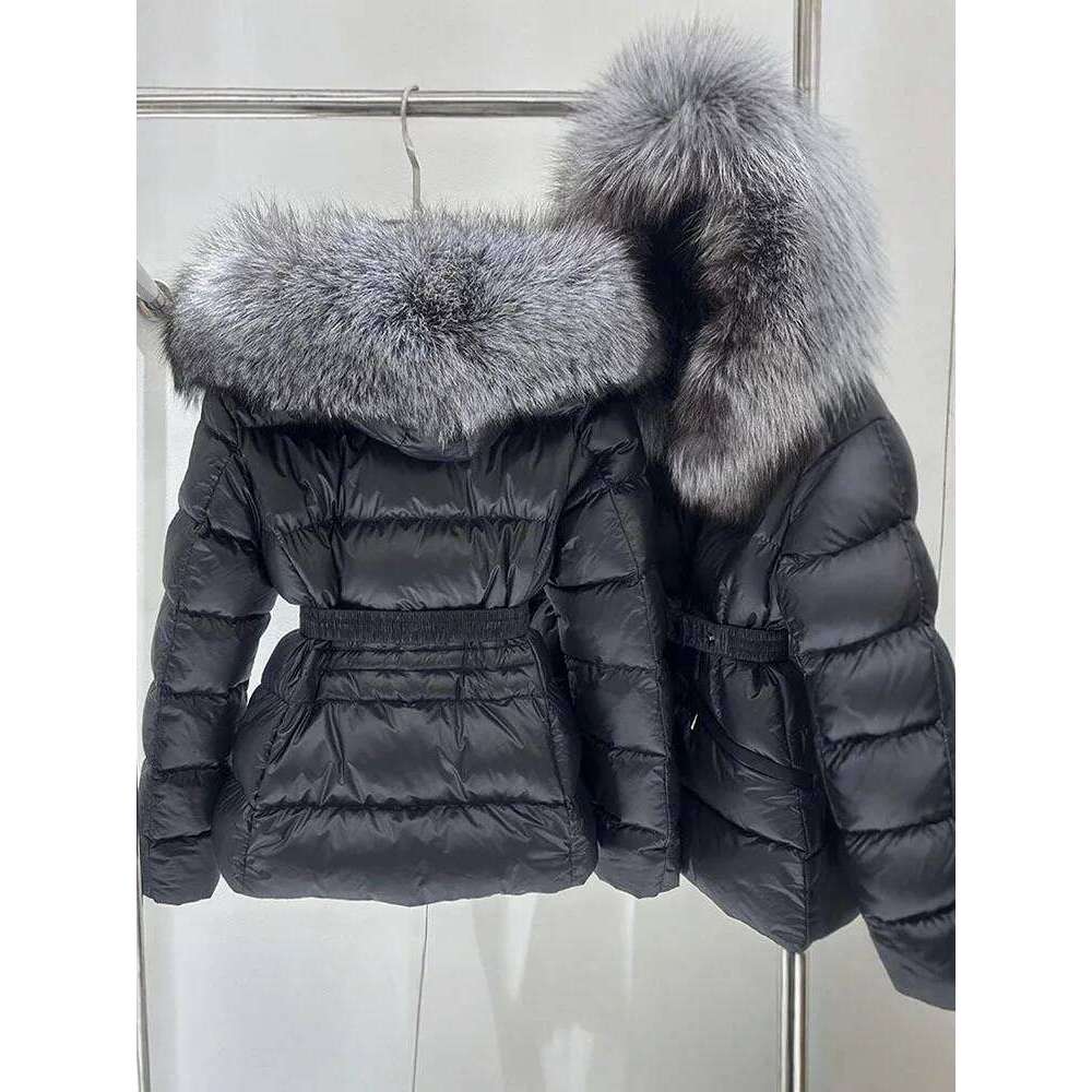 Coats Women Winter Black Hooded Fur Collar White Duck Down Puffer Thick Jacket with belt Slim Clothing High quality, fashionable, luxurious