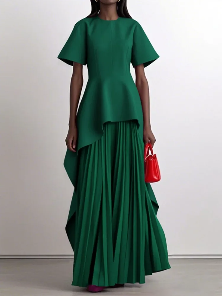 New Summer Women Pleated A-Line Dress Vintage Elegant Solid Color Split-Joint Round-Neck Loose Evening Maxi Dresses