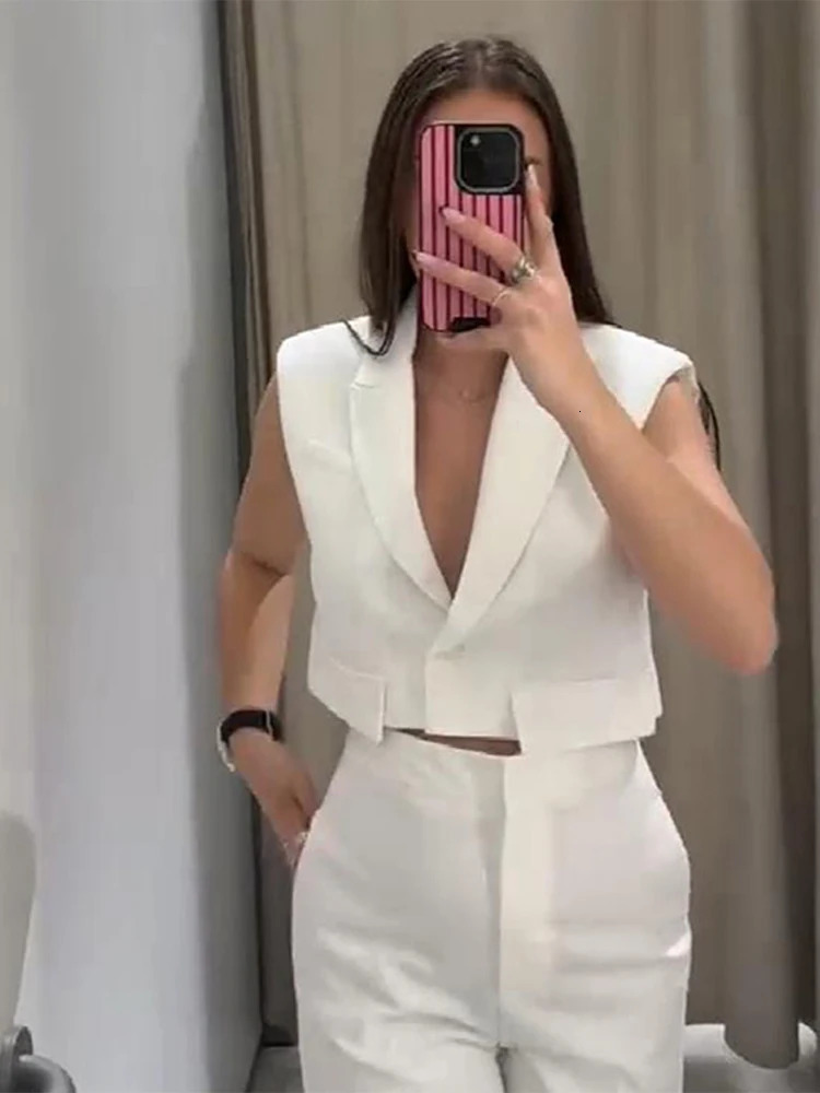 Fashion White Suit Long Pants Sets For Women Elegant Sleeveless Cropped Blazer Tops Wide Leg 2 Pieces Trousers Lady Chic Outfits 250527