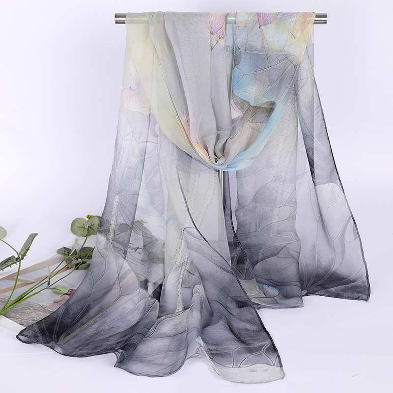 K887New thin georgette ink lotus gauze scarf spring and summer sun protection literary decorative scarf long scarf for women