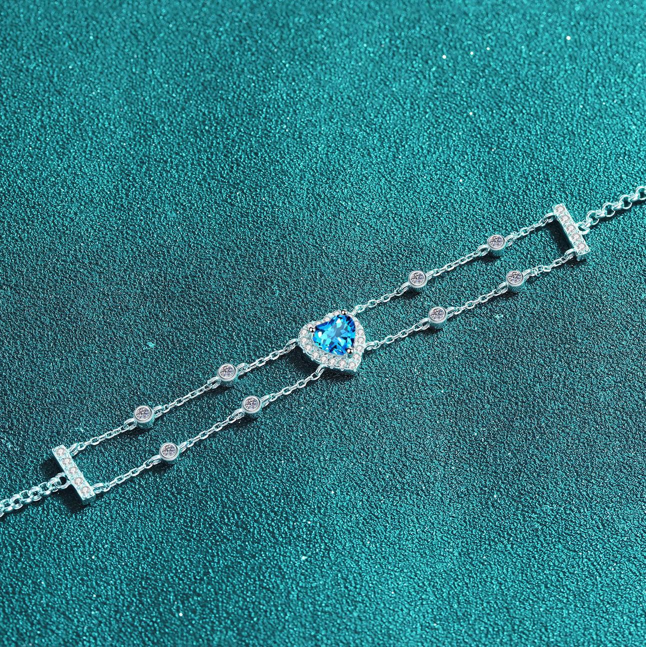 925 Sterling Silver Heart-Shaped Moissanite Bracelet for Women, Blue Center Stone, Adjustable Double Chain Design, Cute and Elegant Jewelry Gift