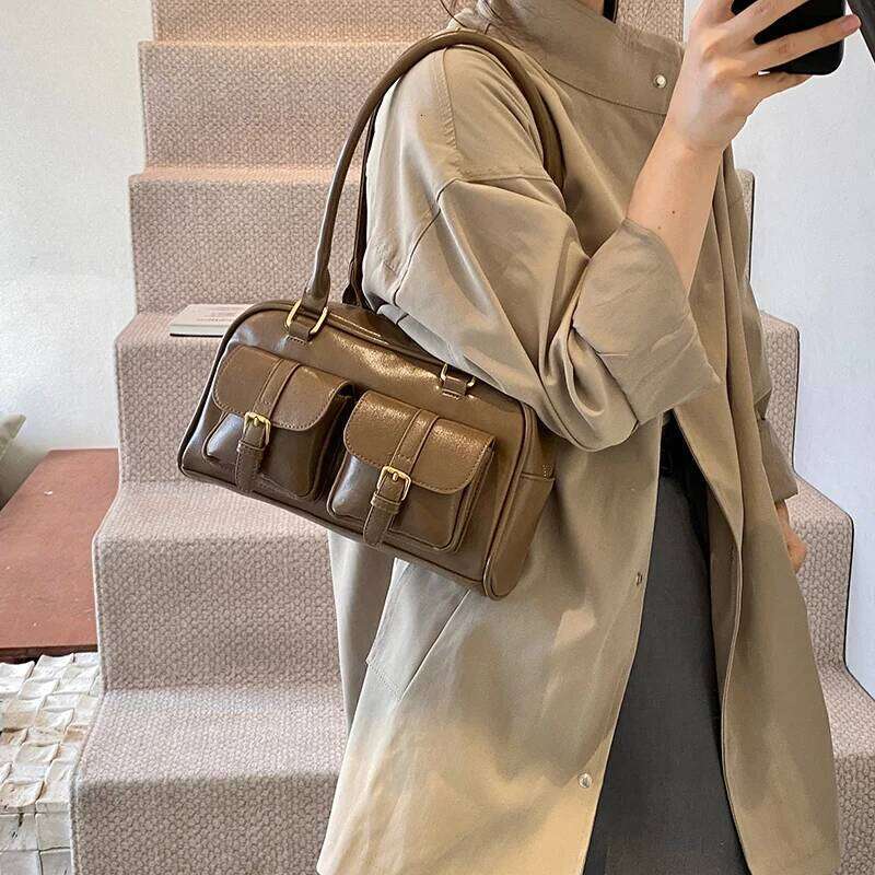 LEFTSIDE Retro PU Leather Double Pockets Underarm Bags For Women 2024 Winter Y2k New Korean Fashion Female Shoulder Bag Handbags