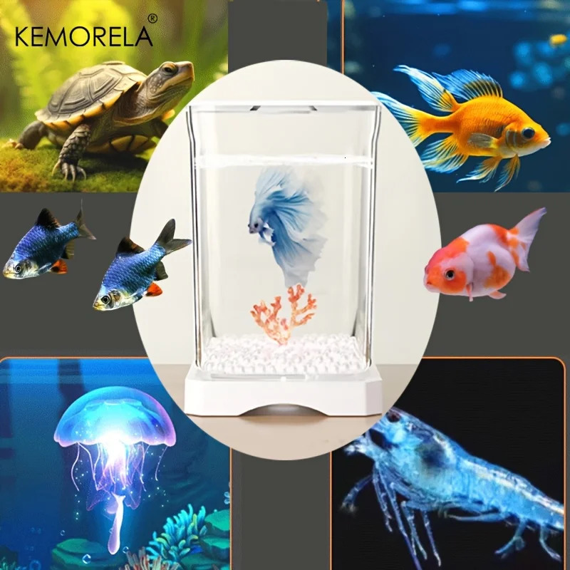 KEMORELA Acrylic Betta Fish Tank High Transparency with Feeding Hole Desktop Fish Bowl Removable Small Landscape Fish Tank 250530