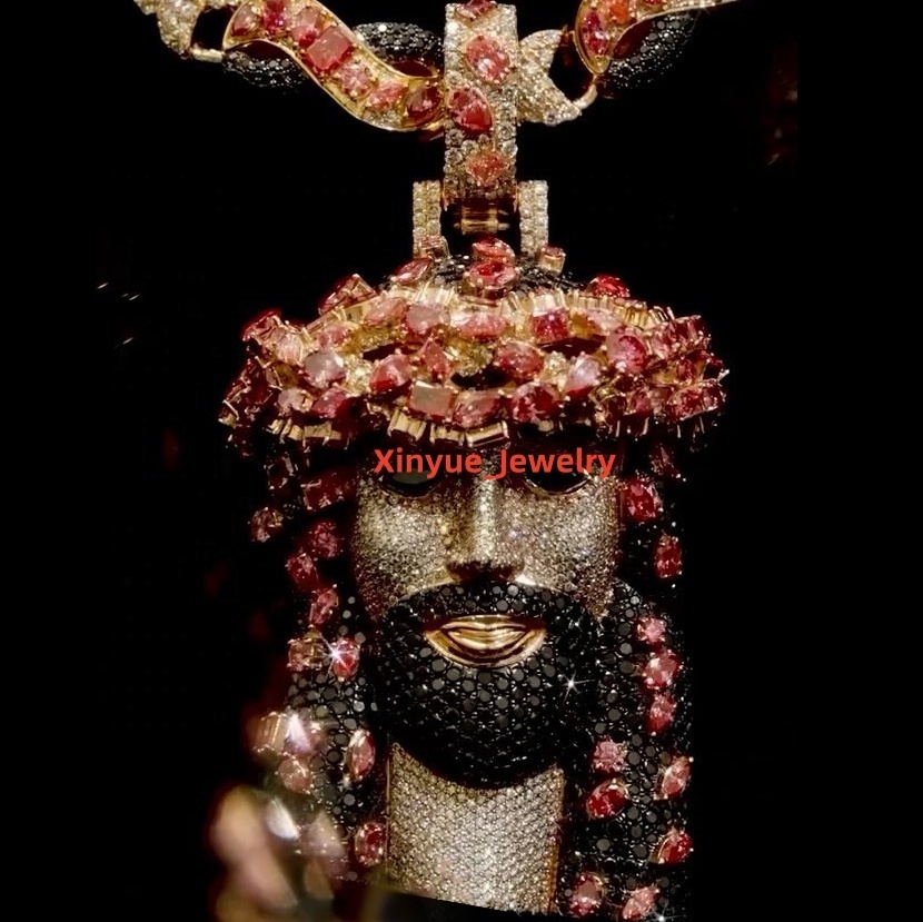 Personalized Custom Rapper Jewelry 925 Silver Flash Cuban Link Fit Jesus Head Pendant Colored Moissanite Diamond Charms Pendant