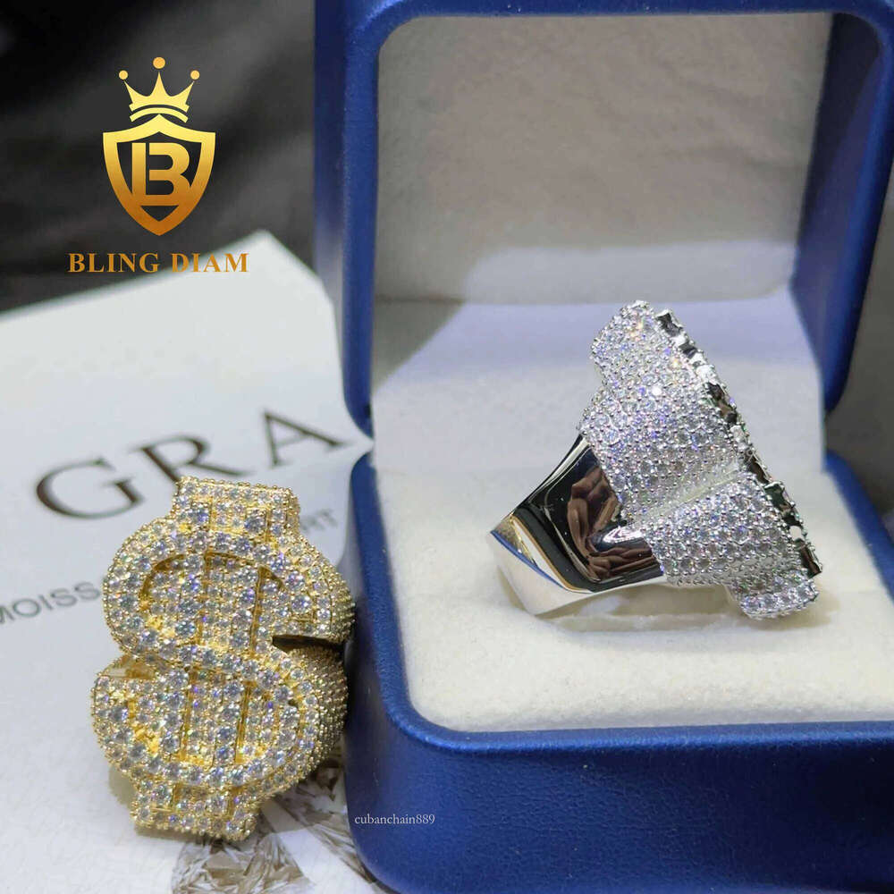 Fashion Mens Full Pave Hip Hop Iced Out USD Sterling Sier Rings Vvs Moissanite Dia Cuban Ring