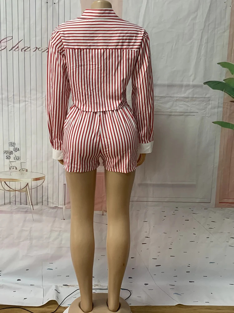 Beyprern Womens Red Striped Blouse Shirt Top And Matching Shorts Set Summer Tracksuits Set 2 Piece Outfits Workout Overalls 250527