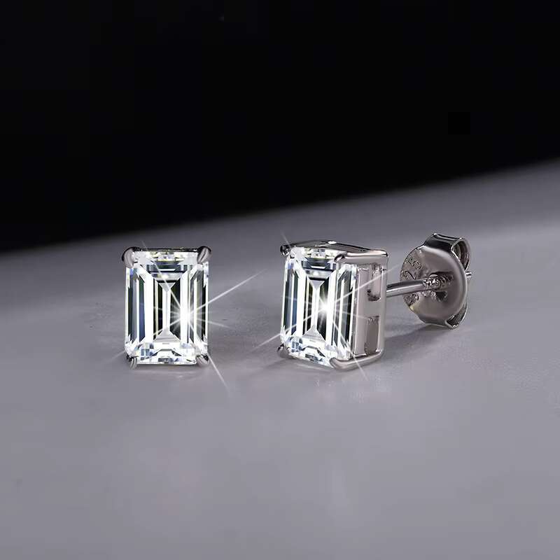 S925 Sterling Silver Emerald Cut Cubic De Rhodium-Plated VVS Moissanite Diamond Stud Earrings for Women/Men Princess Cut