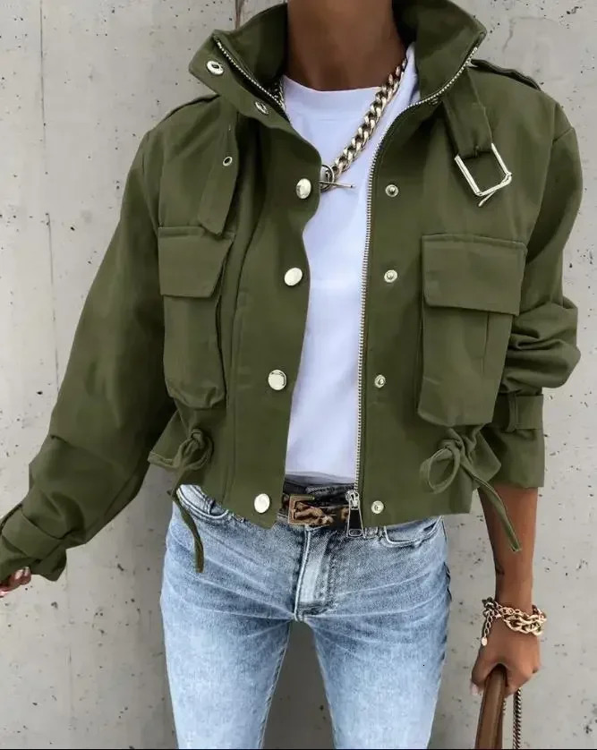 Woman Jacket Clothing Streetwear Elegant Slim Round Neck Solid Pocket Button Long Sleeve Workwear Coats Autumn 250527