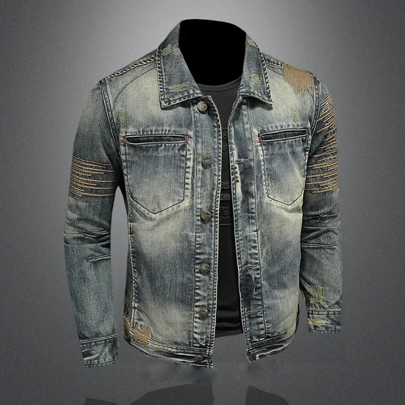 Autumn Retro Lapel Denim Jacket Mens Slim Fit Washed Fashionable and Versatile Outerwear for Young People MXXXXL 250530