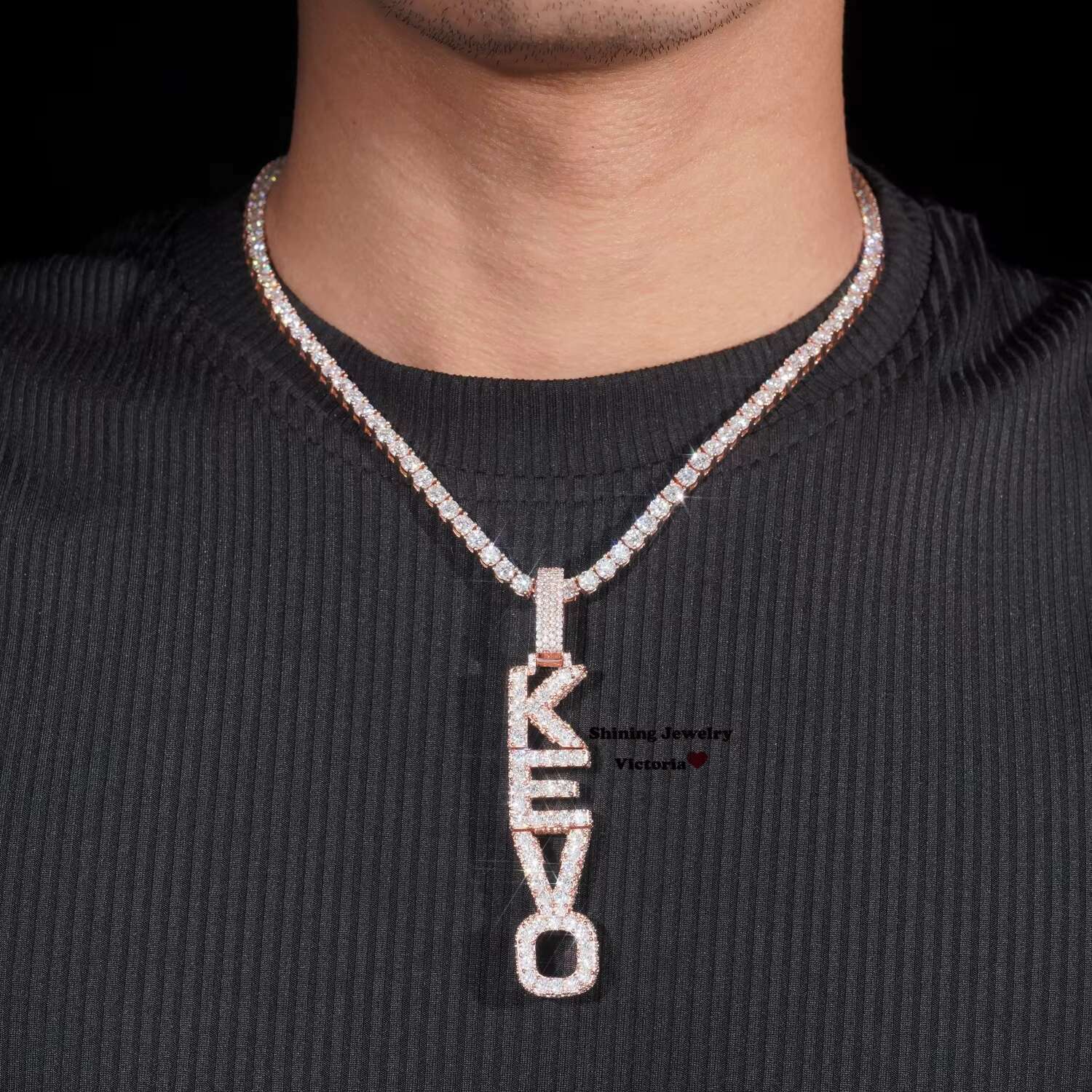 Custom Made 4 Letters Mosaic Setting Rose Gold Plated Moissanite Vertical Name Pendant With Tennis Chain 4MM